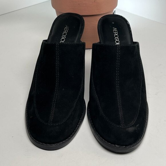 Aerosoles Black Suede Y2K Block Heel Mules Size 8 Slip On Retro 90s Minimalist - Picture 2 of 10